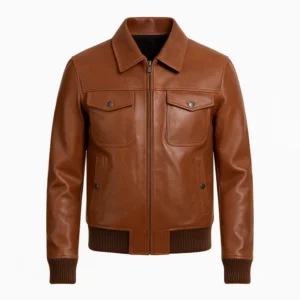 Men Classic Brown Leather Bomber Jacket