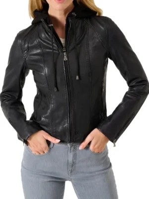 Women-Black-Cafe-Racer-Hooded-Leather-Jacket