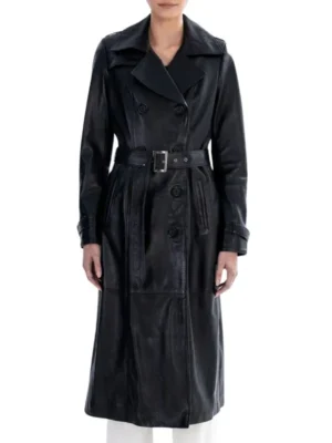Women-Black-Spring-Belted-Leather-Trench-Coat