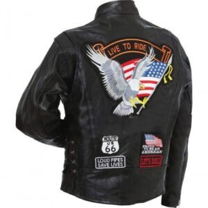 Mens American Eagle Logo Biker Black Leather Jacket