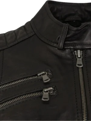 womens black snap button collar leather jacket