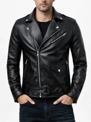 Black Biker Buston Shining Leather Jacket For Mens