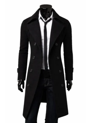 Black Double Breasted Casual Slim Fit Trench Coat