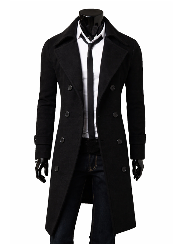 Black Double Breasted Casual Slim Fit Trench Coat