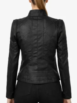 Black Leather Biker Zip Up Jacket For Womens 1