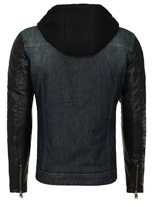 Hooded Leather Denim Jacket for Men jpg