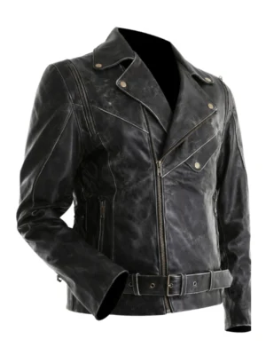 Men Slim Fit Distressed Biker Black Jacket