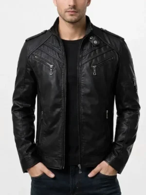 Mens Black Biker Quilted Slim Fit Leather Jacket