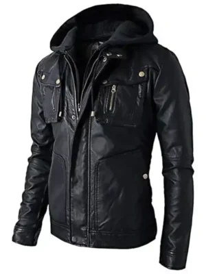 Mens Brando Style Biker Leather Hooded Jacket