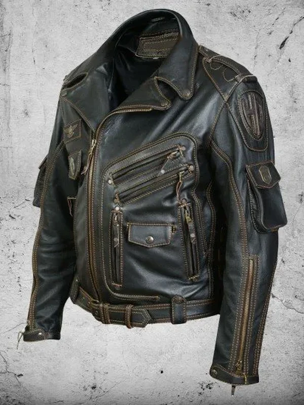 Mens Genuine Cowhide Vintage Black Biker Leather Jacket
