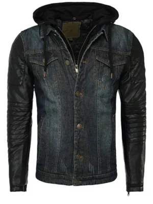 Mens Hooded Leather Denim Jacket jpg