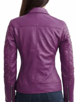 Order Now Womens Purple Quilted Gold Studded Biker Leather Jacket For Sale 1