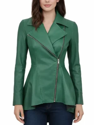 Women Biker Style Green Leather Peplum Jacket 1