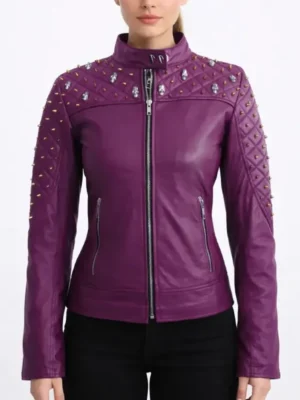 Women Purple Quilted Stud Leather Jacket 1