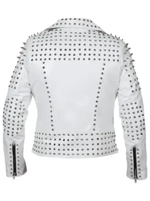 Women White Biker Leather With Cone Studs Jacket