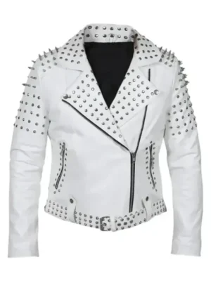 Women White Biker Leather With Cone Studs Zipper Jacket