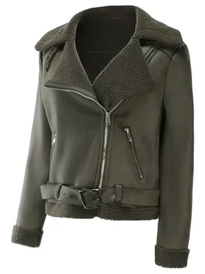 Womens Biker Aviator Shearling Fur Green Leather Jacket