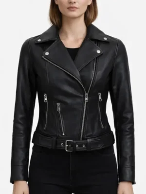 Womens Black Leather Asymmetrical Biker Jacket 1