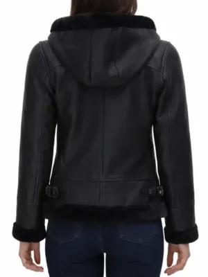 Womens Black Leather Hooded Shearling Jacket 2