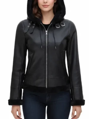 Womens Hooded Shearling Black Leather Jacket 2