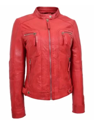 Womens Snap Tab Collar Sheepskin Red Jacket