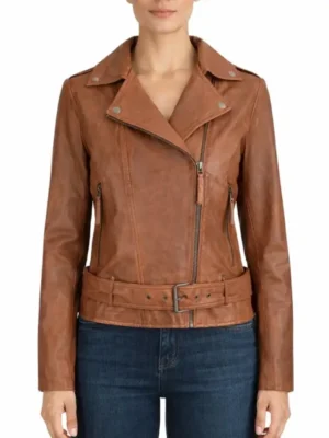 Womens Tan Brown Biker Asymmetrical Leather Jacket