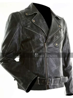 men distressed black motorcycle jacket