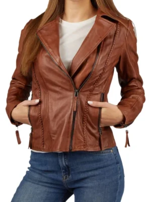 womens brown biker leather jacket