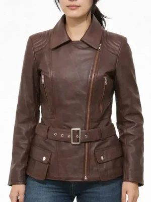 Arden Chocolate belted brown leather jacket