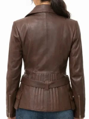 Arden Chocolate belted brown leather jacket Back