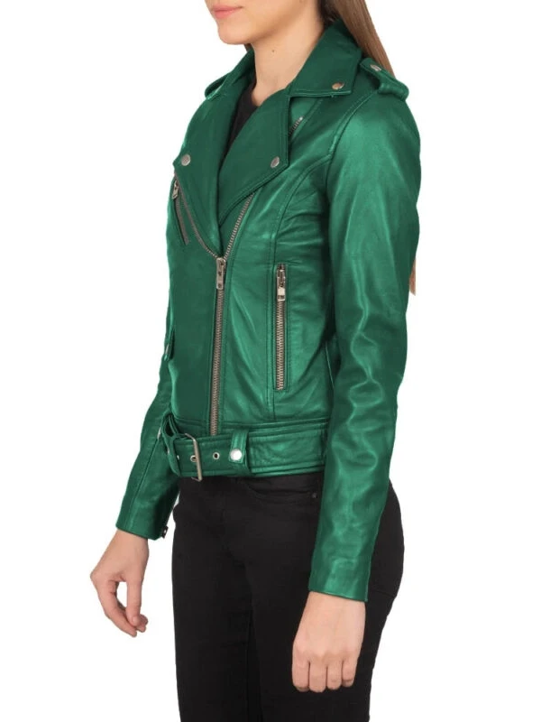 Green Biker Leather Jacket For Womens