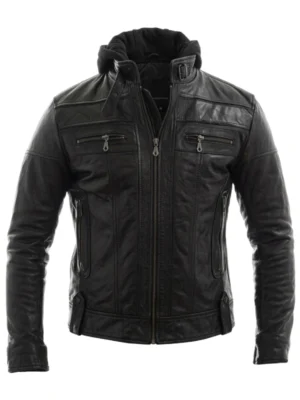 Leather Jacket Motorcycle Racing Style With Detach Hood
