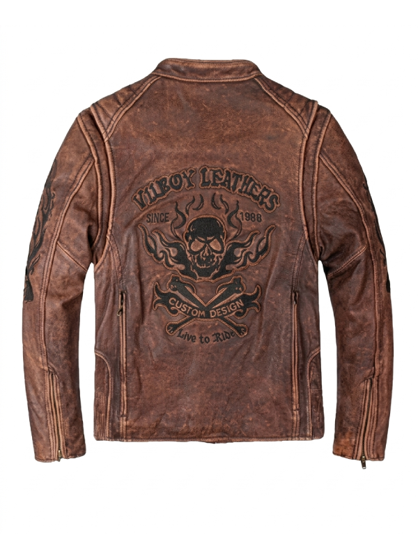 Men Retro Style Skull Brown Distressed Leather Motorcycle Jacket