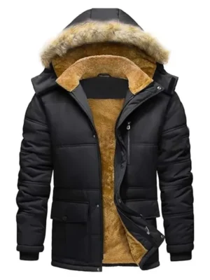 Men Warm Fur Inside Black Puffer Hooded Jacket