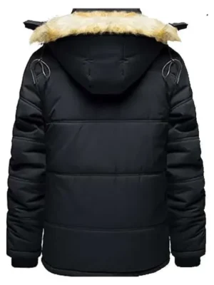 Men Warm Fur Inside Black Puffer Hooded Jacket For Sale