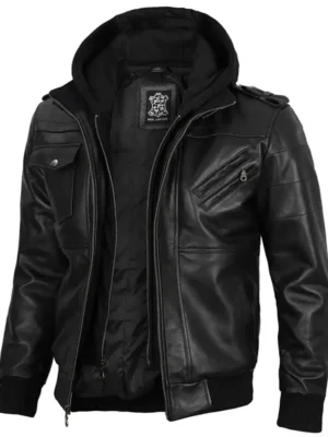 Mens Leather Detach Hood Black Jacket