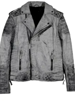 Mens Smoke Gray Quilted Biker Weathered Leather Jacket