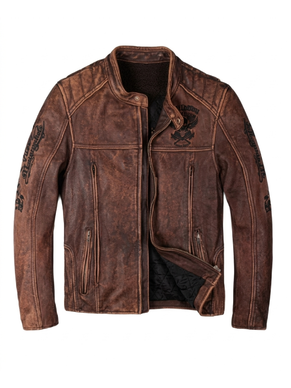 Vintage Brown Motorcycle Skull Brown Distressed Leather Jacket