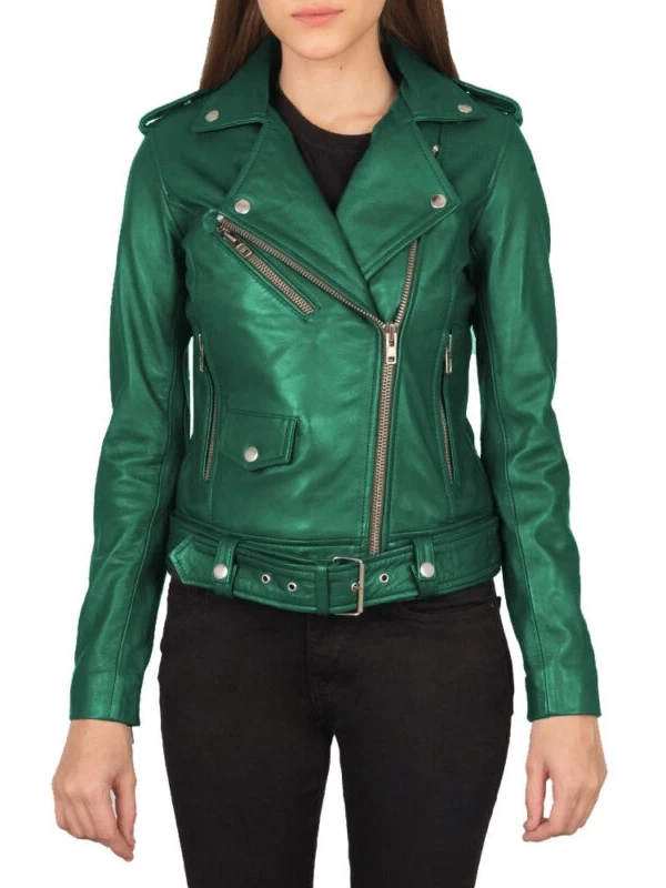 Womens Green Biker Leather Jacket