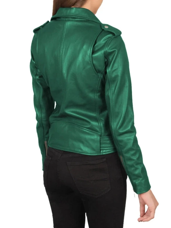 Womens Green Biker Moto Leather Jacket