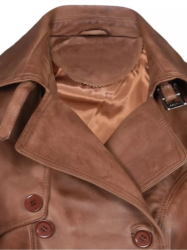 brown leather trench coat