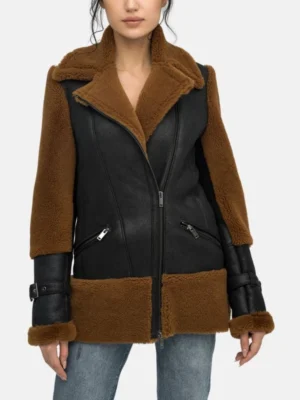 womens brown shearling asymmetrical zipper leather bomber jacket_2f3e5356 9fcf 4b16 b930 307bb1e9dce4