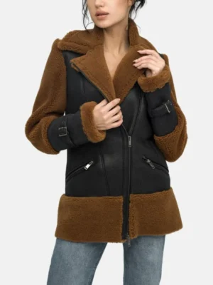 womens brown shearling asymmetrical zipper leather bomberr_42b2d31a 23c8 4c64 bec5 52532555533f