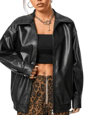 womens oversized black leather bomber jacket