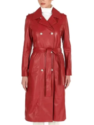 womens red double breasted leather coat